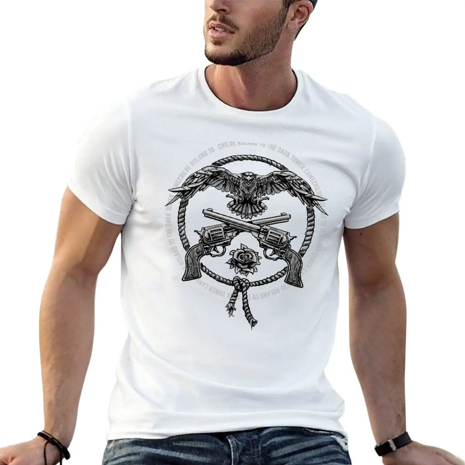 Childe Roland to the Dark Tower Came Twin Revolvers Hawk Rope and Rose Design Футболка с рисунком для мужчин Футболка