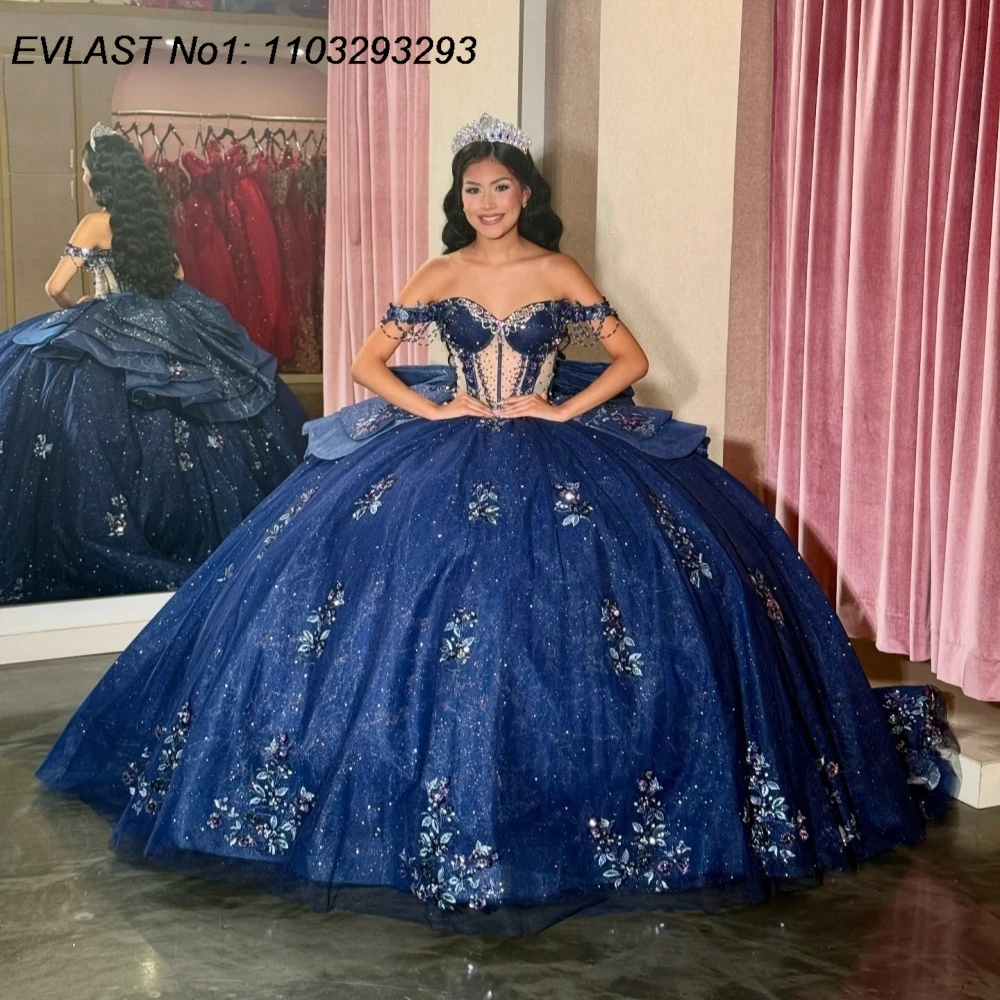 EVLAST индивидуальное бальное платье 2026 темно-синего цвета, платье Quinceanera, блестящая аппликация, бусины, многоуровневое милое платье 16, Vestidos De 15 Anos E1QN163