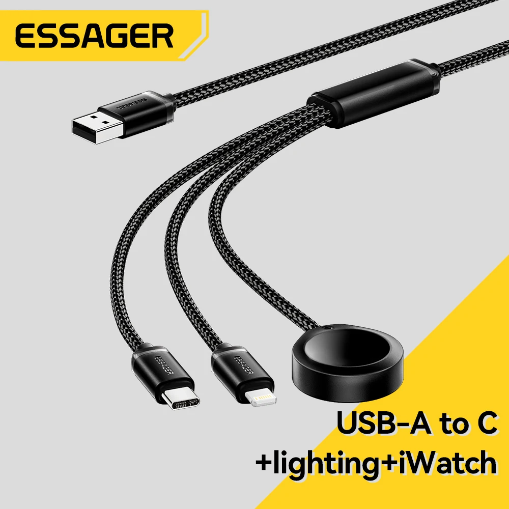 Essager 3 в 1 Multi USB A зарядный кабель для передачи данных для iPhone 16 15 14 13 Pro Apple iWatch с USB Type C Lightning зарядный кабель