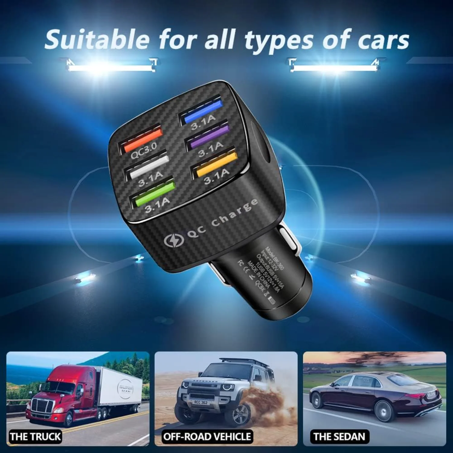 Фото Адаптер автомобильного зарядного устройства, 6 портов USB QC3.0, быстрое автомобильное зарядное устройство QC3.0/1A, обновленное автомобильное зарядное устройство Smart Shunt 32 В, совместимое с 14 13 12 №3