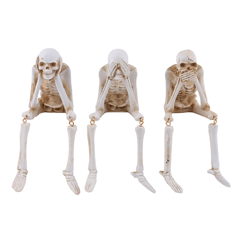 Фото Фигурка скелета из смолы на Хэллоуин — «See No Evil, Hear No Evil», Speak No Evil», украшение в виде черепа для жуткой атмосферы №5