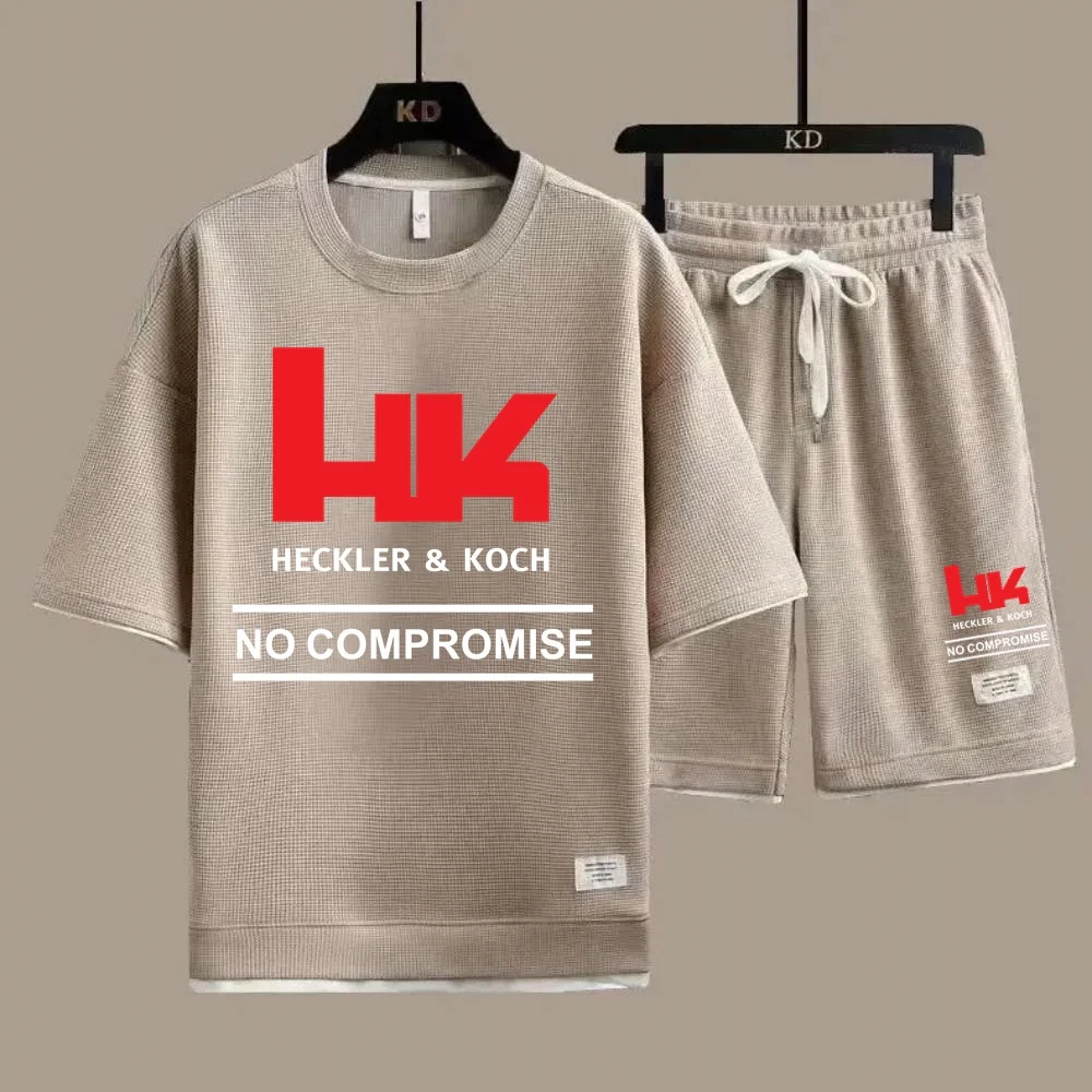 Фото HK Logo Heckler Koch No Compromise Мужской спортивный костюм Комплекты из 2 предметов Новая вафельная футболка с круглым вырезом и шорты Спортивный костюм Мужские футболки Короткие №2