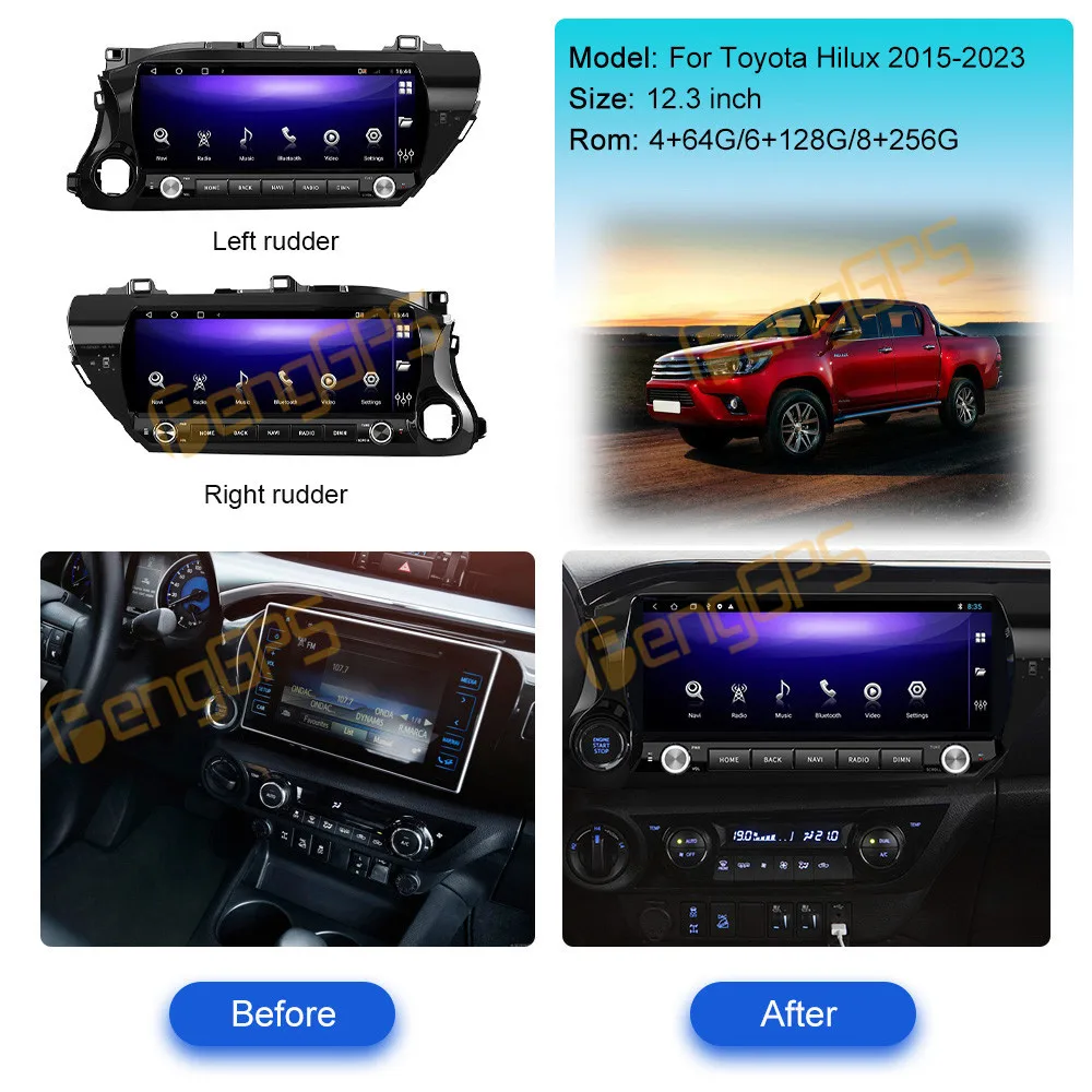 12,3-дюймовый автомобильный радиоприемник для Toyota Hilux 2015-2023, GPS-навигация, мультимедийный стереоплеер, блок Carplay, AI, сенсорный экран DSP BT 4G WIFI