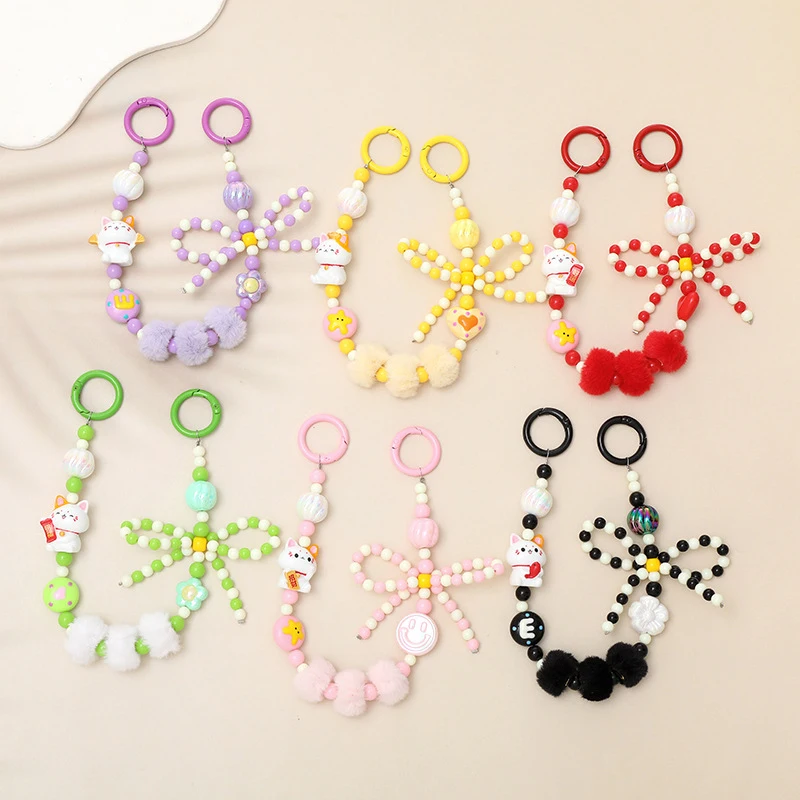 Bow Lucky Cat Plush Beaded Phone Lanyard Anti-Lost Mobile Phone Chain Pendant Wristband Earphone Camera Decor Keychain