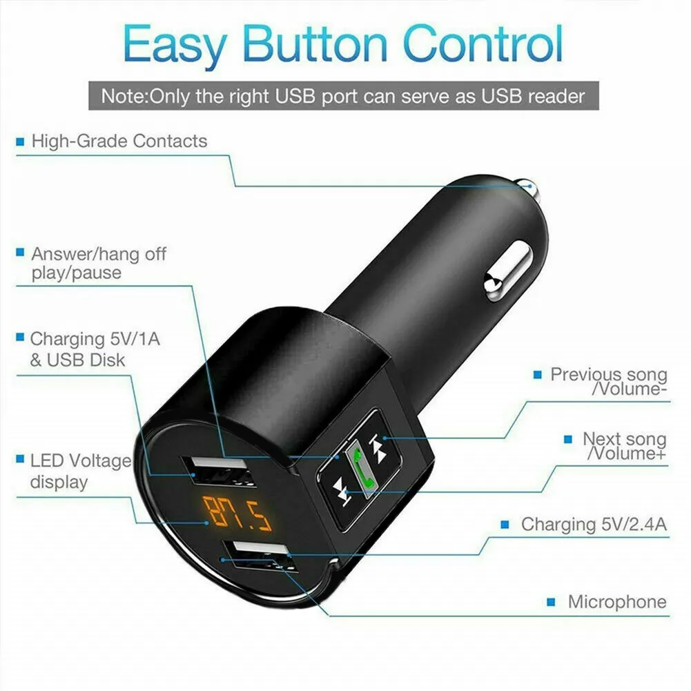 Фото Автомобильный FM-трансмиттер, беспроводной Bluetooth-радиоадаптер, музыкальный mp3-плеер, комплект громкой связи с 2 USB-портами, зарядное устройство, автомобильные электронные аксессуары №4