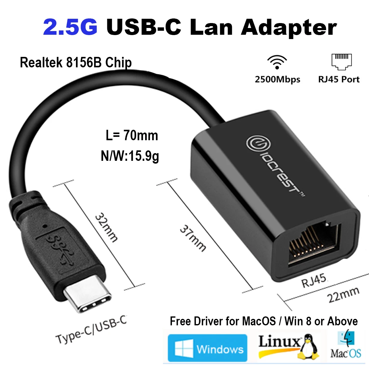 Внешняя Проводная Ethernet Сетевая карта IOCREST 2,5 Мбит/с Type-C G RTL8156 USB3.1 RJ45 конвертер адаптер локальной сети для Mac Win10