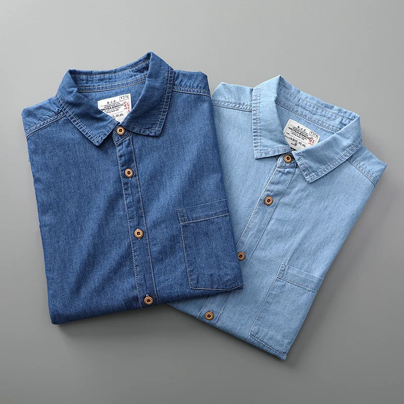 Фото Kaus Denim Kasual Longgar Musim Panas Lengan Pendek Pria GE Suepr Модный чехол №4