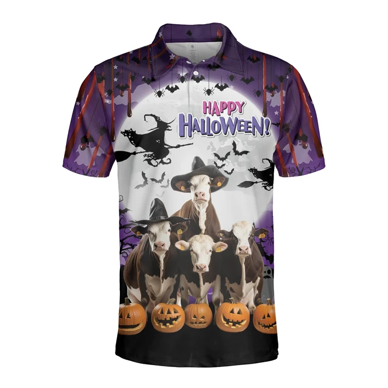 Фото Happy Halloween Cow Graphic Polo Shirts For Men Cartoon Witch Pumpkin POLO Shirt Harajuku Fashion Cows Boy Gifts Tee Shirt Tops №2