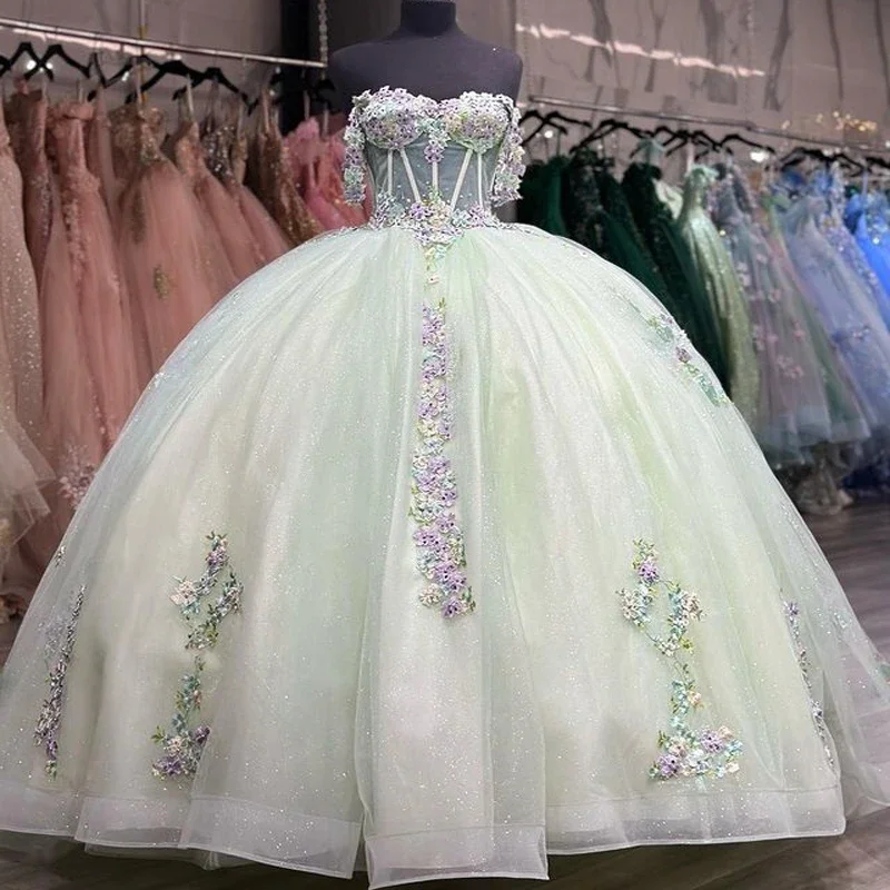 ANGELSBRIDEP мятно-зеленые платья Quinceanera с 3D аппликацией и цветами, Vestidos De 15 Anos, бальное платье для дня рождения, корсет по индивидуальному заказу