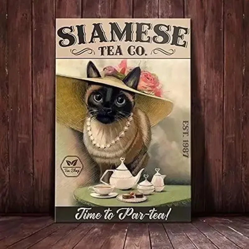 Сиамская кошка, металлические жестяные знаки Tea Co. Time To Par-Tea, забавная печать, искусство на кухне, домашнее искусство, декор на стену, налет, подарок