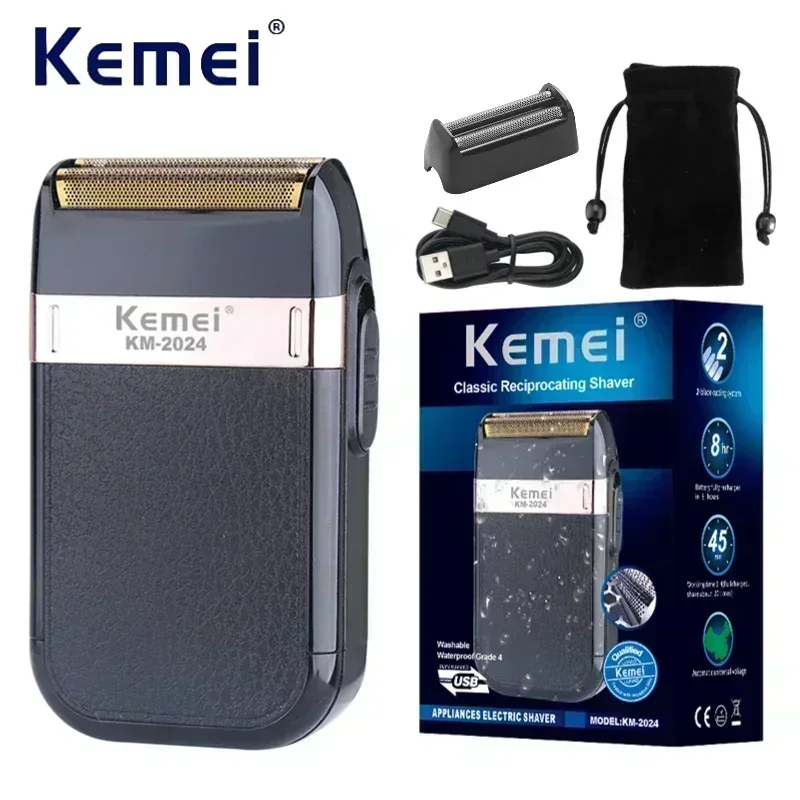 Kemei KM-2024 электрическая бритва для бороды профессиональный триммер для бороды мини-бритвы для лица для бритья мужские кожаные покрытия IPX4 водонепроницаемые