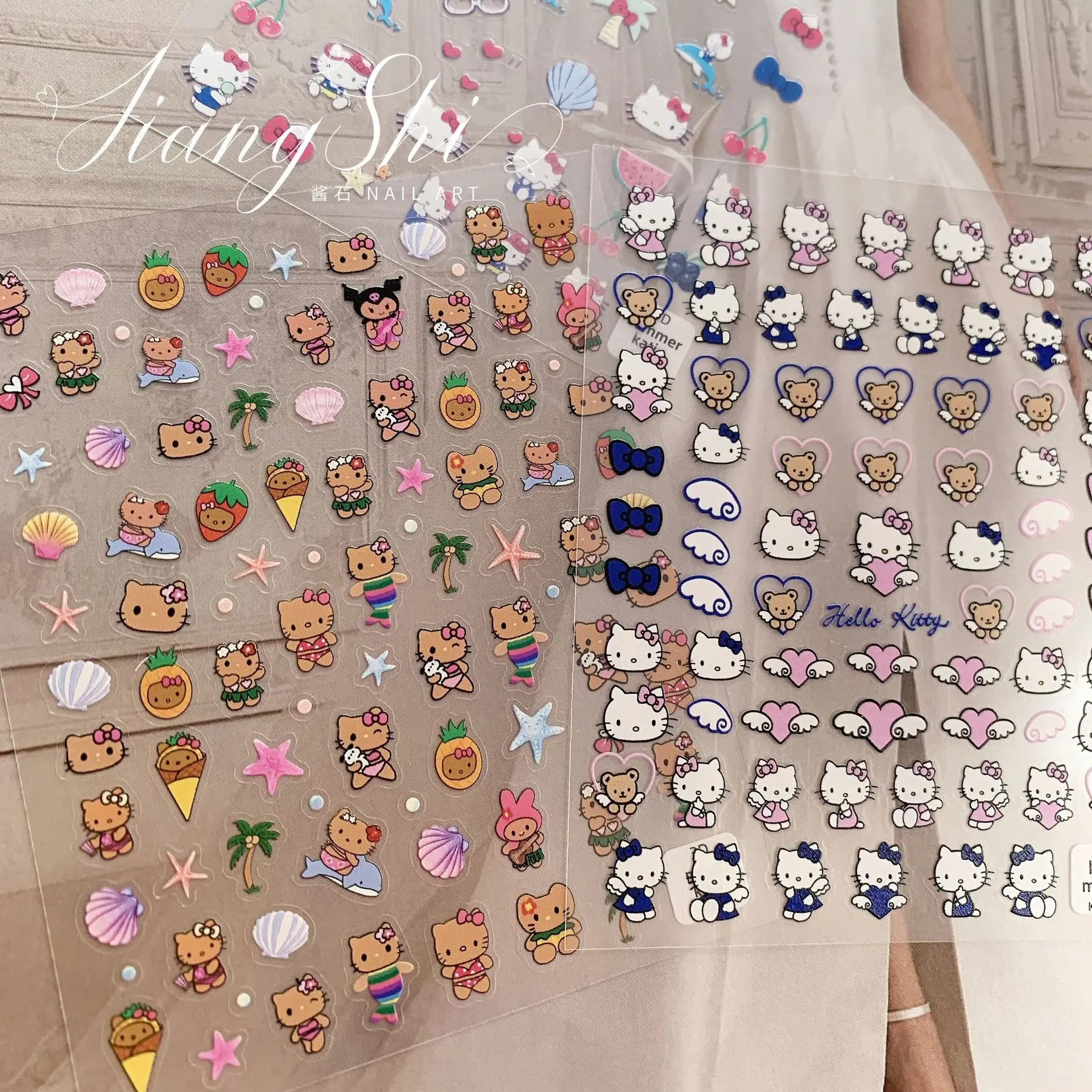 Креативные милые наклейки для ногтей Hello Kitty из мультфильма черная кожа Гавайская серия пляж КТ Русалка Diy роспись ногтей украшение для девочек