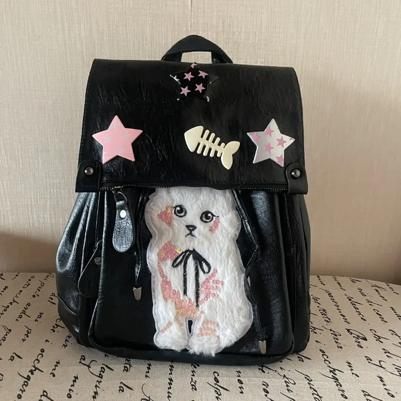 Xiuya Kawaii Cat Print Women Backpack Pu Leather Y2k Spice Girls, дизайнерская черная Повседневная сумка в студенческом стиле, вместительный рюкзак