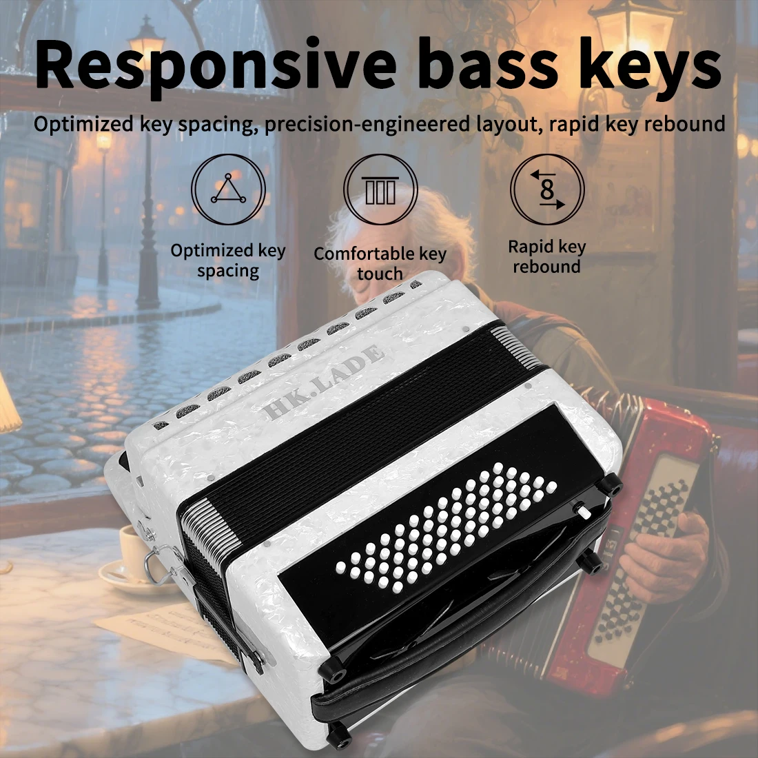 Фото HK·LADE AH-250 62 клавиши 60 Bass Accordion Pro Bayan | 62-клавишный хроматический переключатель | 3-голосовой переключатель | Сильфоны из козьей кожи | Противоскользящие кнопки №5