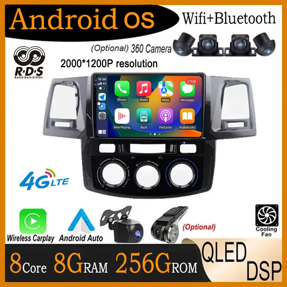 Автомагнитола 9 lnch QLED IPS DSP Android 14 для Toyota Fortuner Hilux 2007-2015, мультимедийный видеоплеер, GPS-навигация, 4G + WIFI
