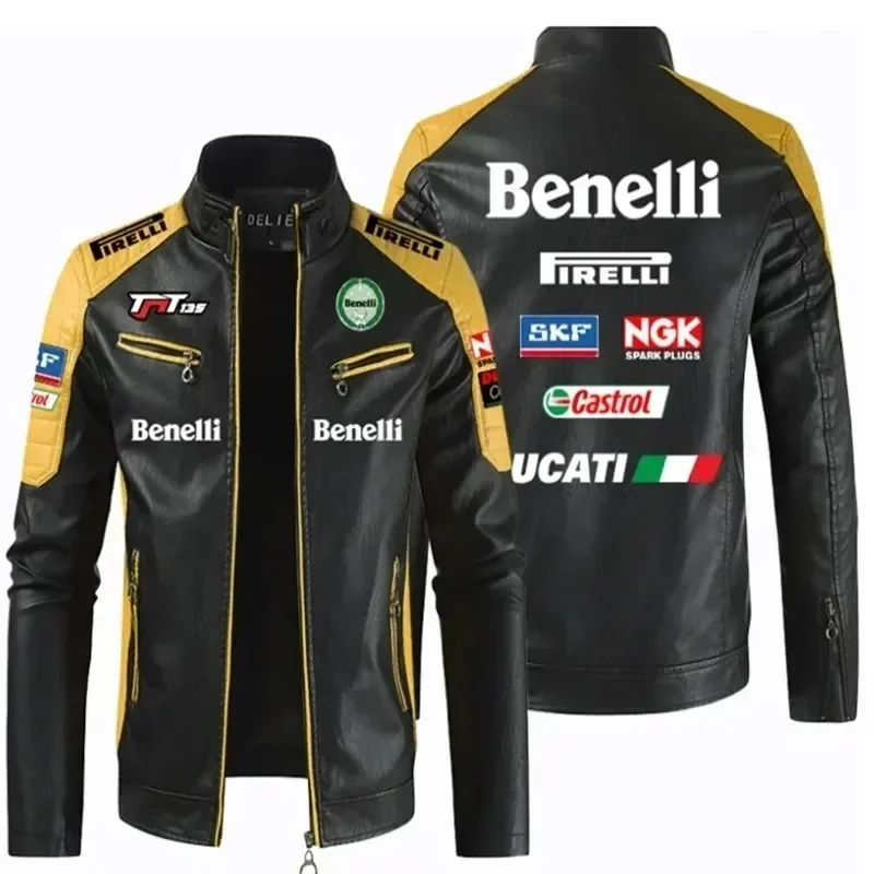 Фото BENELLI мотоциклетная куртка из искусственной кожи с логотипом автомобиля, лоскутные байкерские куртки, повседневное пальто на молнии, мужская мотоциклетная куртка, верхняя одежда, пальто №2