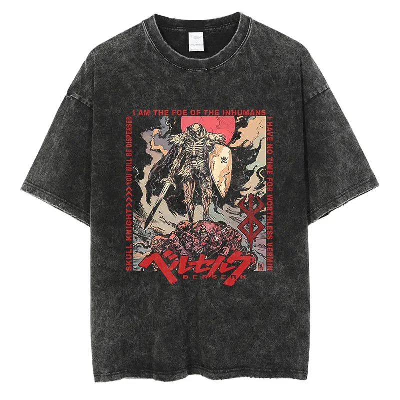 Фото Anime Berserk графическая футболка для мужчин, винтажная хлопковая Футболка с эффектом потертости, свободная футболка большого размера, стильная уличная одежда в стиле Харадзюку №3