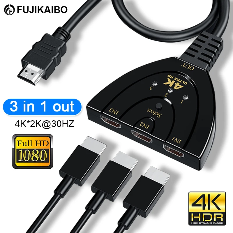 Разветвитель кабеля HDMI 4K 3 в 1, HD HDMI2.0, совместимый с HDMI, адаптер для ПК, ТВ, Xbox, PS3, PS4, проектора