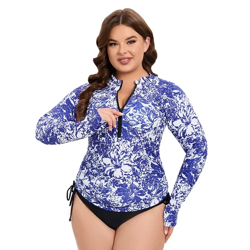 Фото XL-5XL Женские купальники больших размеров с длинным рукавом и низкой талией, треугольные купальные костюмы из двух предметов, купальник с цветочным принтом №3