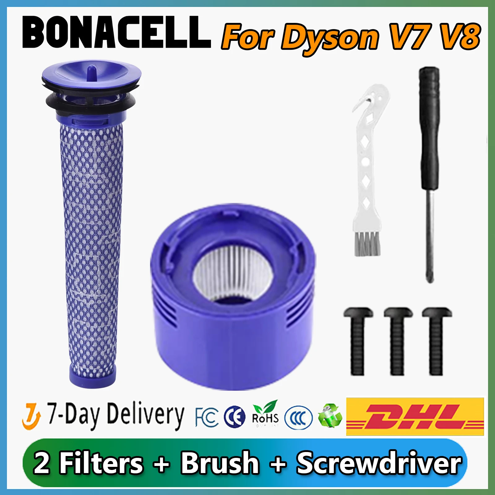 Bonacell для Dyson V7 V8, аккумулятор, аксессуары для инструментов для пылесоса, 2 фильтра + щетка + винт + отвертка, аксессуары для электроинструментов