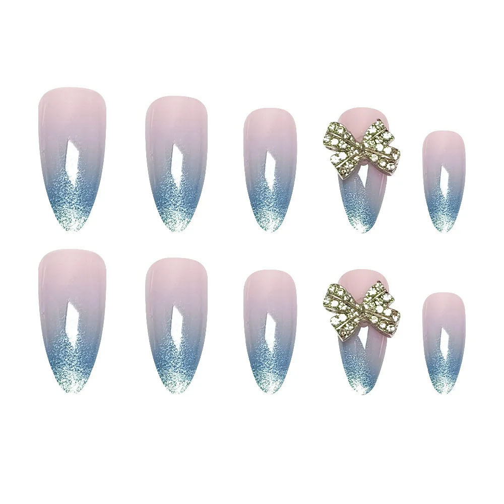 Фото 24 шт., французские градиентные синие Y2k Press on Nails, накладные ногти «кошачий глаз», полное покрытие, носимые корейские накладные ногти в форме миндаля №4
