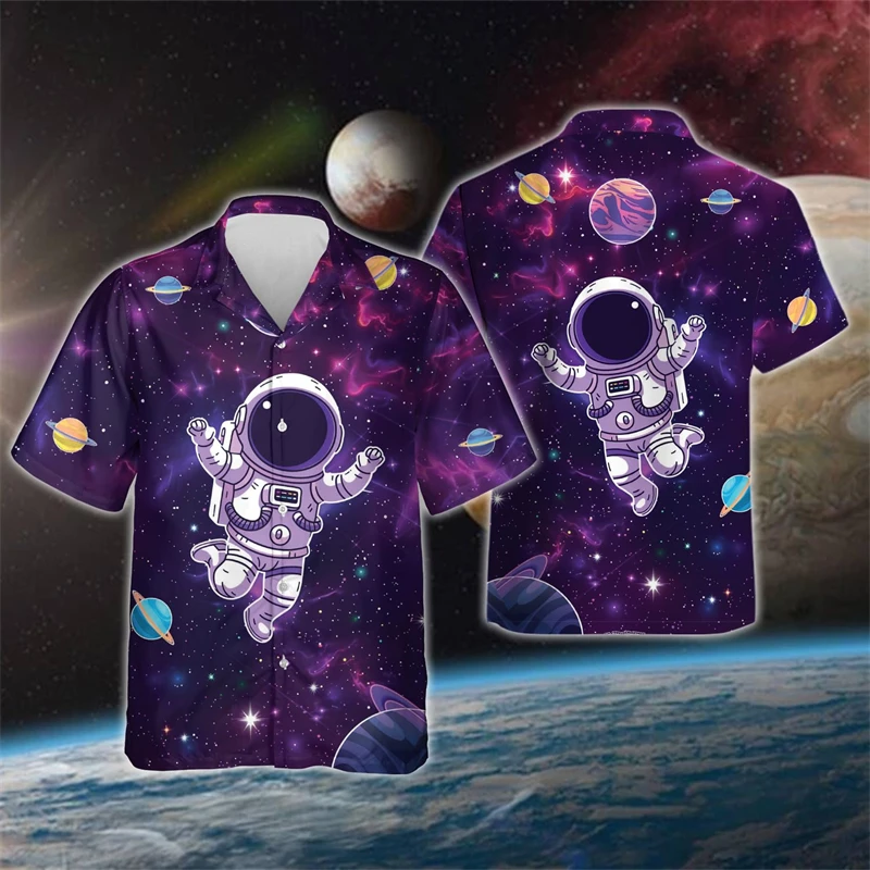 Фото Cartoon  Astronaut 3D Print Shirts For Men Clothes Hawaiian Beach Shirt Funny Cosmonaut Short Sleeve Boy Blouses Kids Lapel Tops №4