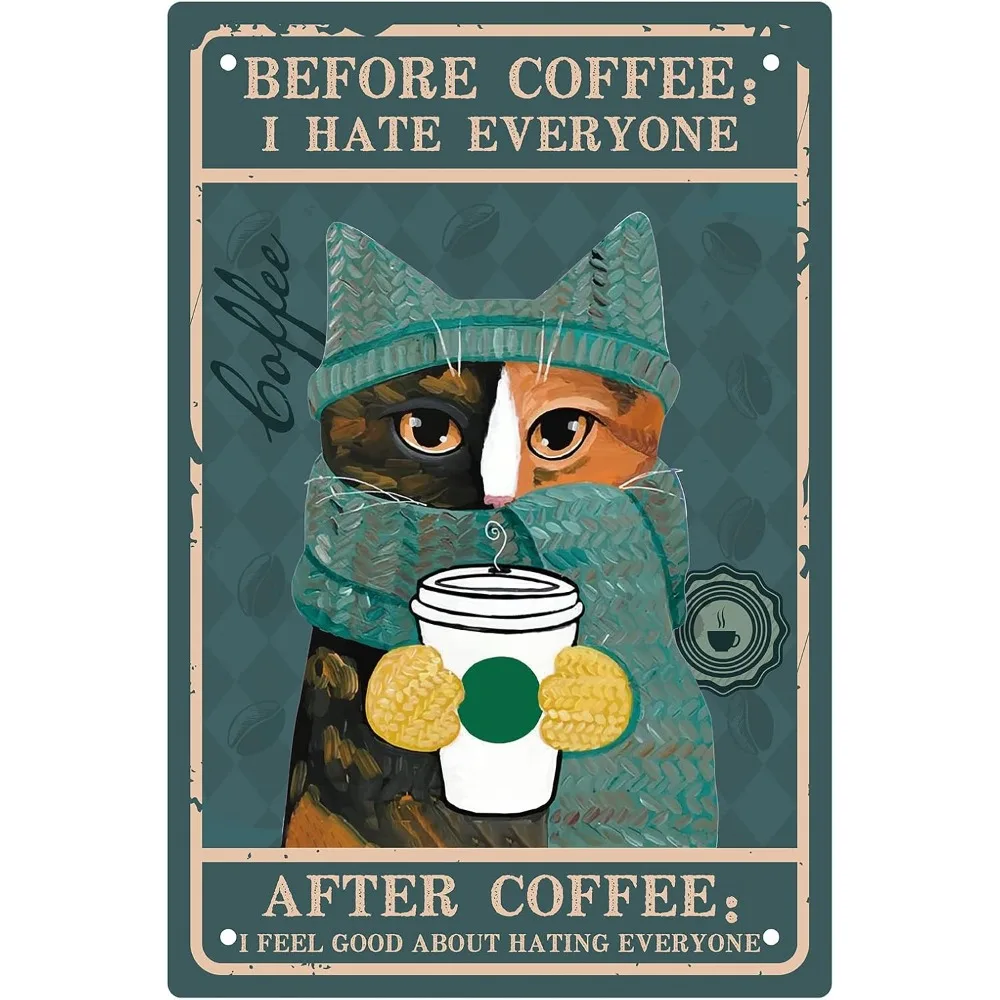 Cat Coffee Sign Vintage Funny Metal Tin Sign Retro Wall Decor Art Poster Paintings for Home Kitchen Bathroom Bedroom making kit