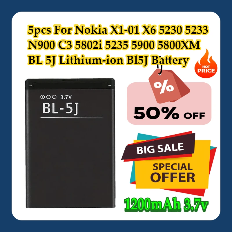 5 шт. для Nokia X1-01 X6 5230 5233 N900 C3 5802i 5235 5900 5800XM BL 5J литий-ионный аккумулятор Bl5J 1200 мАч