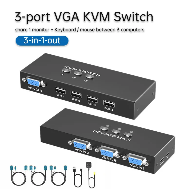 KVM-переключатель 3-в-1-выход VGA Компьютерный коммутатор Поделиться с клавиатурой, мышью и дисплеем между 3 ПК или устройствами мониторингами