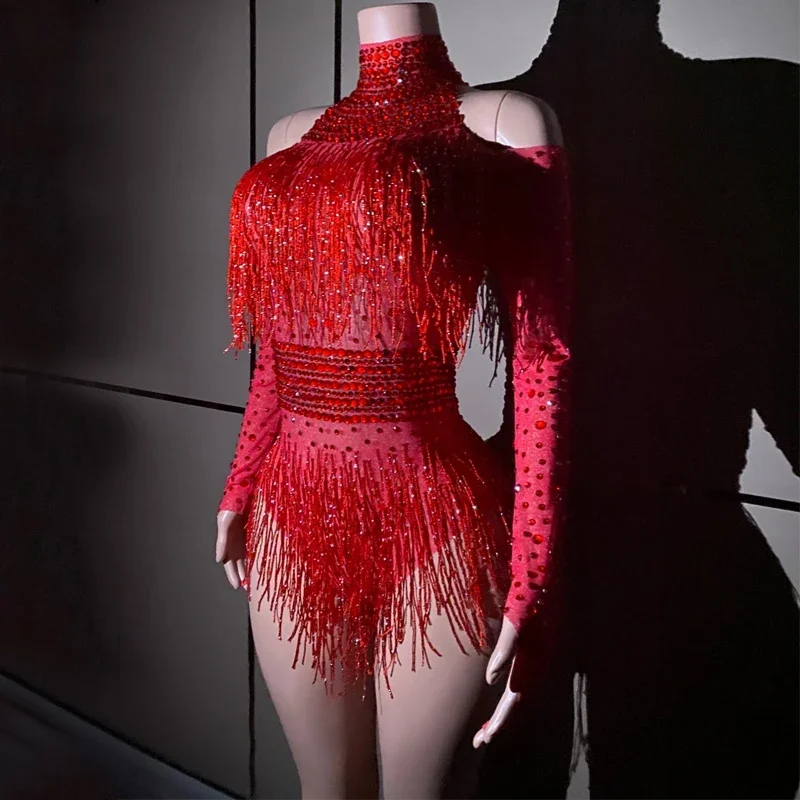 Женское боди с бахромой Drag Queen, красное боди с бахромой, танцевальный костюм для вечеринки