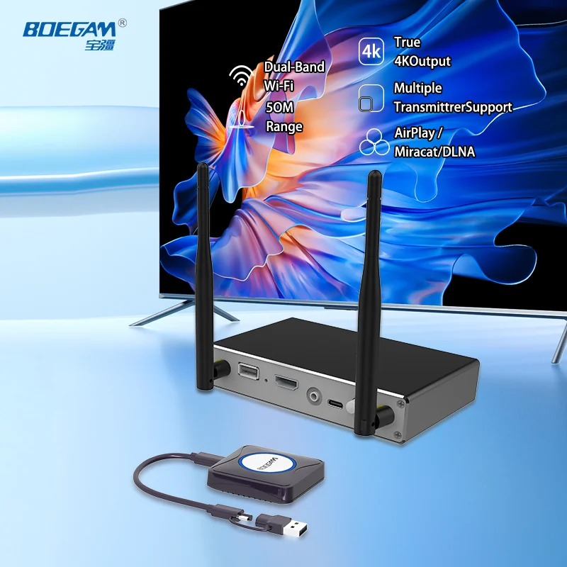 Беспроводная система презентаций с передатчиком 4K поддерживает AirPlay, Miracast, DLNA, идеально подходит для конференц-залов и конференц-залов.