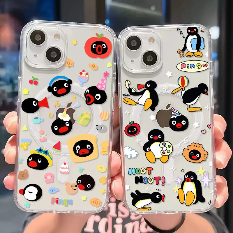 Магнитный чехол для телефона с забавным рисунком P-Pingu Magsafe для iPhone 16, 15, 14, 13, 12, 11, 8, 7 Plus Pro Max X XR XSMax, мягкий прозрачный чехол из ТПУ