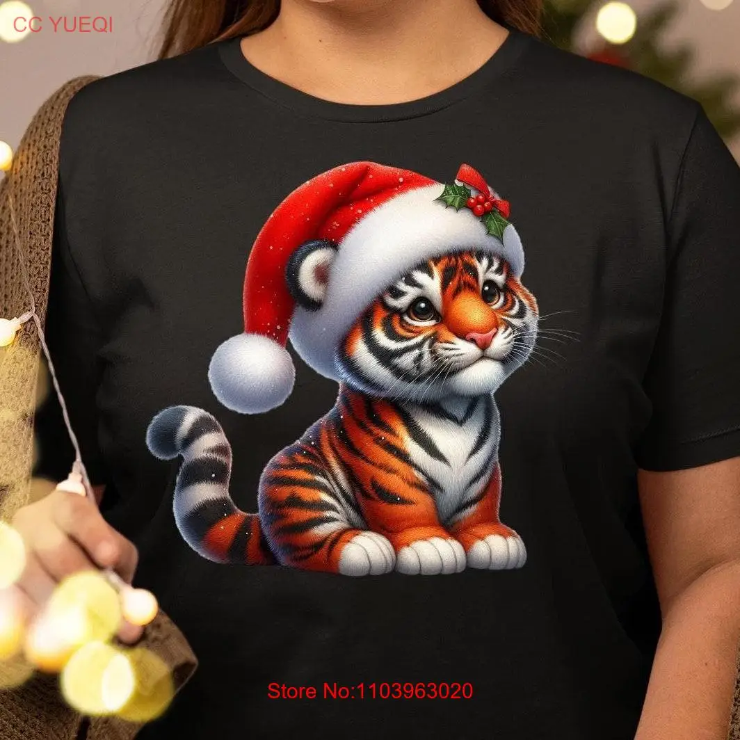 Рождественская футболка с тигром, милая шляпа Санта-Клауса, свитер Joyful Cub, забавная для детей и взрослых, рождественские вечеринки с длинными или короткими рукавами