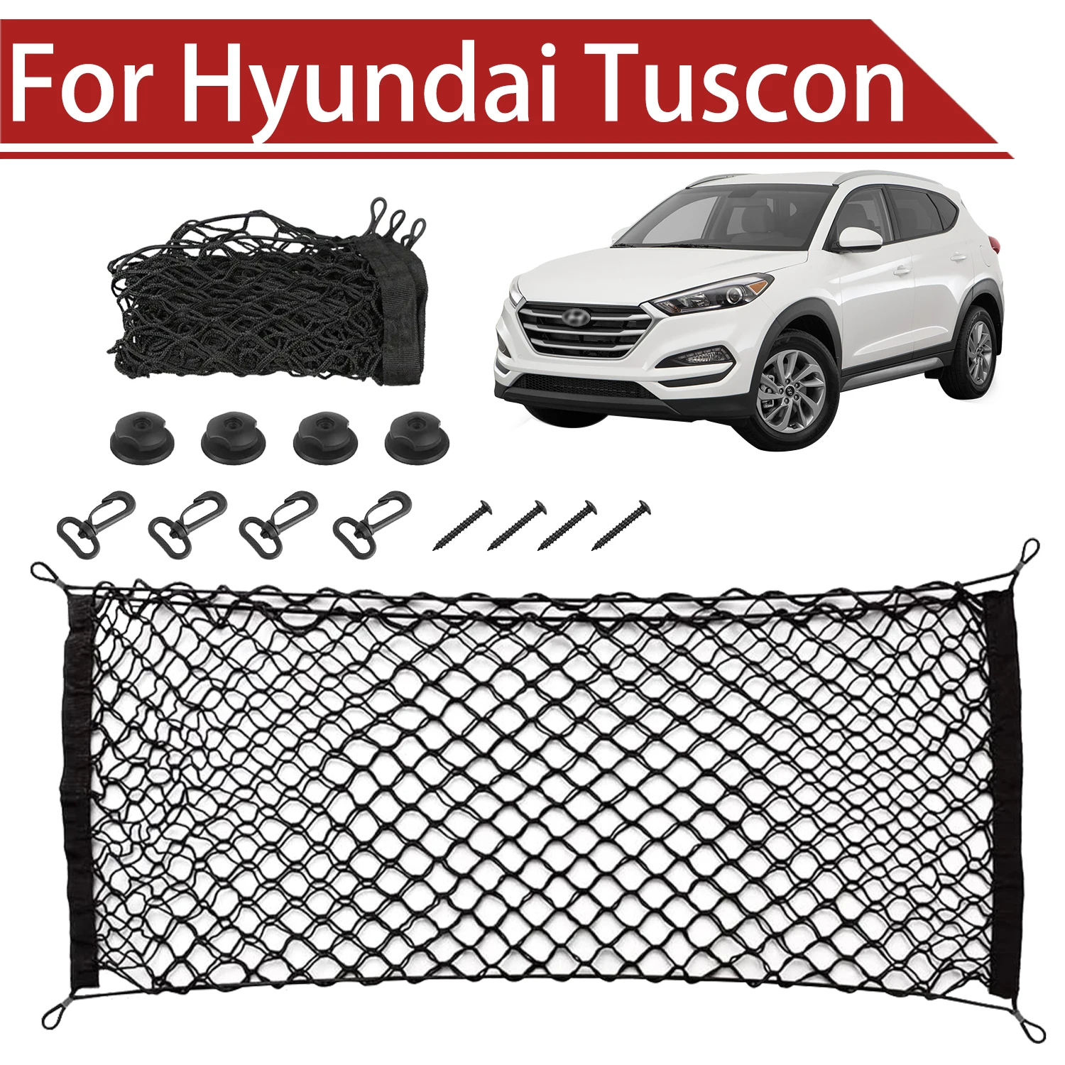 Для Hyundai Tuscon 2005-2025 грузовая сетка-органайзер для багажника, эластичная сетка для хранения автомобильных аксессуаров, крючок для ремня