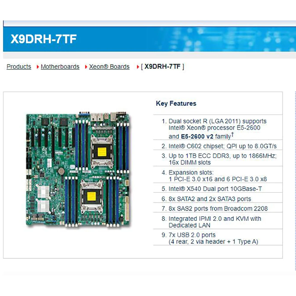 Фото Поддержка семейства E5-2600 V1/V2 LGA2011 DDR3 ECC для серверной материнской платы Supermicro X9DRH-7TF №2