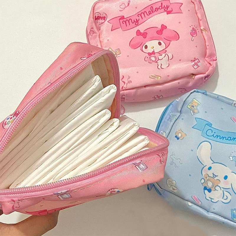 Фото Kawaii Sanrios гигиеническая прокладка мешок аниме Kitty Melody Cinnamorol портативный водонепроницаемый органайзер для хранения санитарных салфеток №2