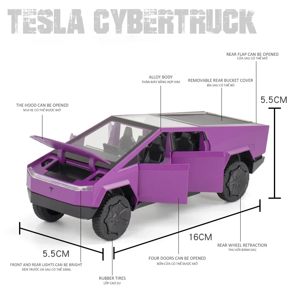 Фото 1:32 Tesla Cybertruck Пикап, модель автомобиля из сплава, литая под давлением игрушечная машина, звук и свет, имитация автомобилей, модель игрушки в подарок №5