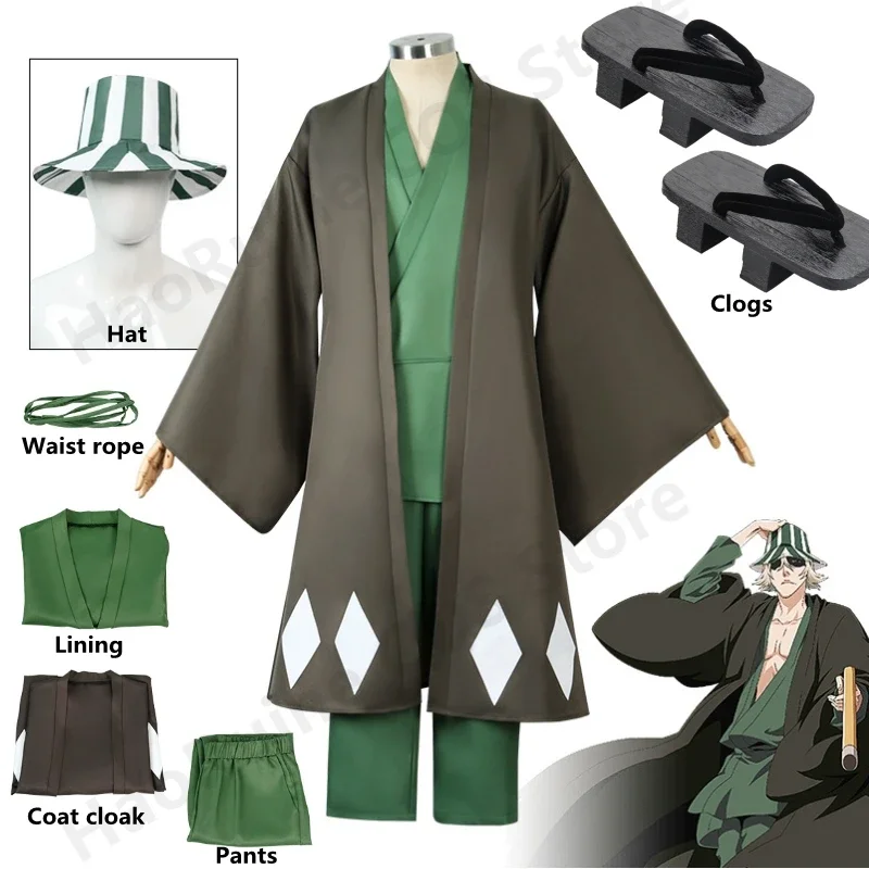 Горячее аниме отбеливатель Косплей Урахара Kisuke Gotei 13 костюм кимоно Униформа накидка топ брюки шляпа костюм для Хэллоуина Карнавал женский