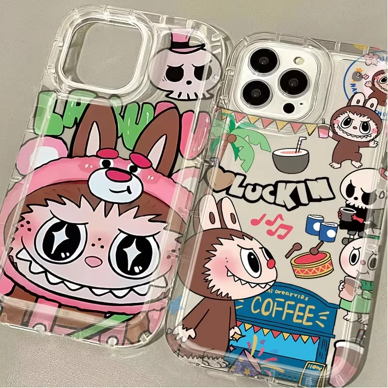 Чехол для телефона Cartoon Cute Labubus для IPhone 16, 15, 14, 13, 12, 11 Pro Max 7, 8 Plus X XR XSMax, подушка безопасности, прозрачная задняя крышка с защитой от падения