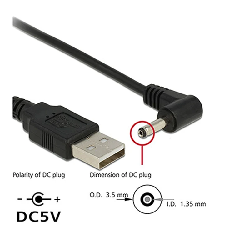 Фото Черный Угловой 90 USB штекер-Штекер кабель питания постоянного тока 5,5*2,5 мм 3,5*1,35 мм ПРИБЛИЗИТЕЛЬНО 5,5*2,1 мм Удлинительный USB-кабель 0,8 м №5