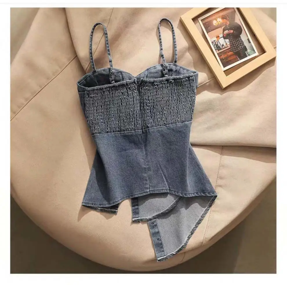 Y2K Tank Top Woman Pure Desire Сексуальный джинсовый жилет Женская нагрудная подушка Асимметричный облегающий однотонный топ на подтяжках с завязками на талии (art.: 3920cd0c9e123) - 3920cd0c9e123