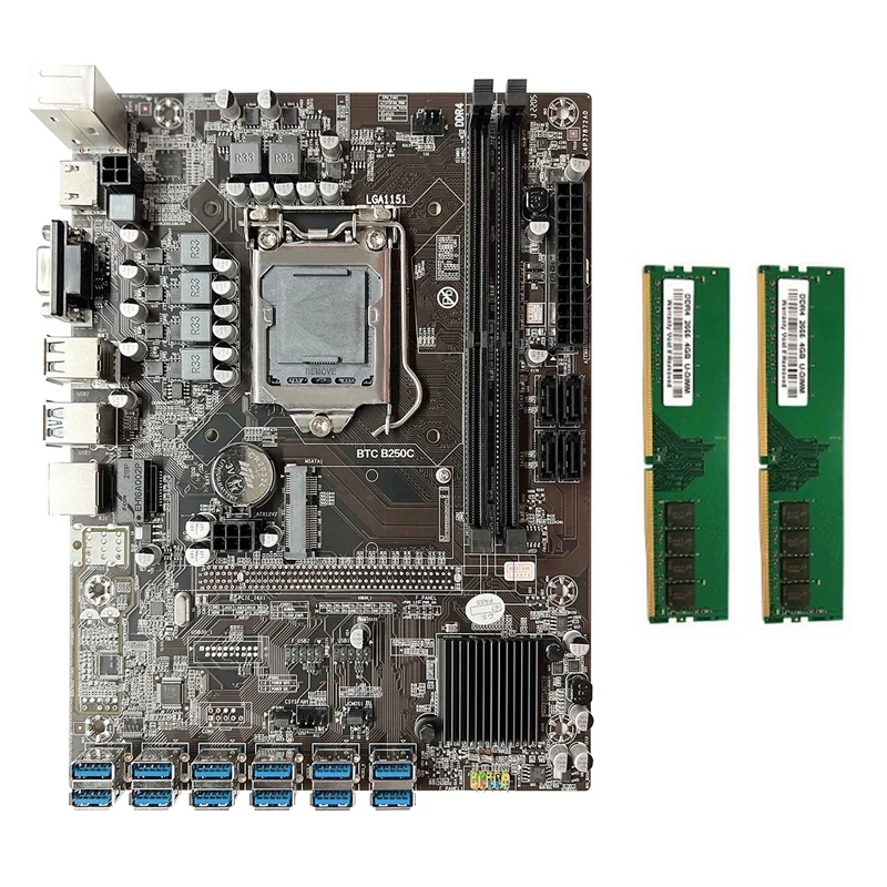 Материнская плата для майнинга B250C BTC, материнская плата для майнинга 12X PCIE в USB 2666, быстрая материнская плата LGA1151 + 2X DDR4 4 Гб МГц, оперативная память