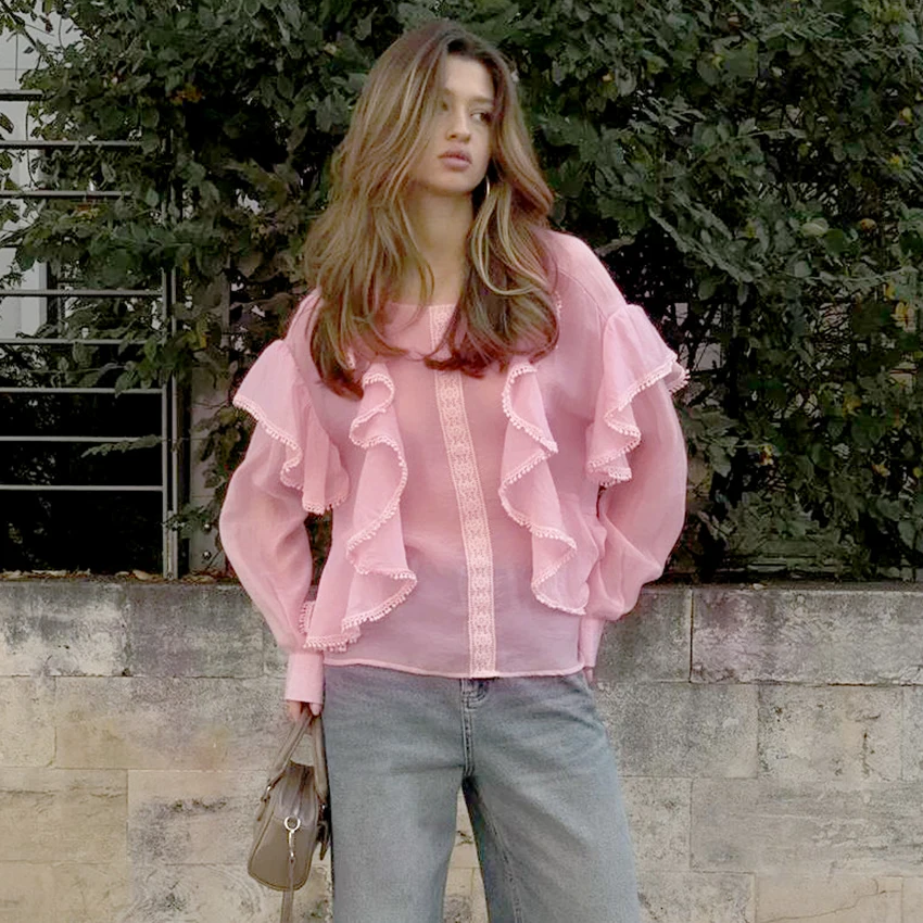 Linad Street Chic розовые рубашки с оборками, женская летняя модная прозрачная блузка, женский офисный женский топ с длинными рукавами, весна 2023 г.