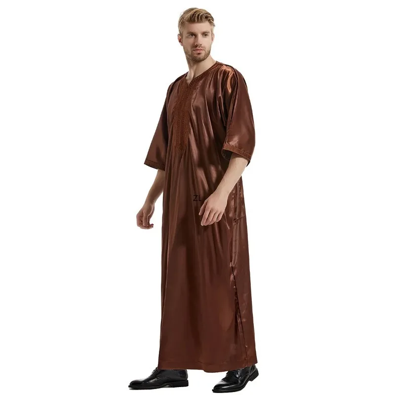 Фото ИД Рамадан мусульманское мужское платье Jubba Thobe Исламская атласная абайя с вышивкой длинное платье мусульманский тавб кафтан Абайи Юба Дубай Арабский №5