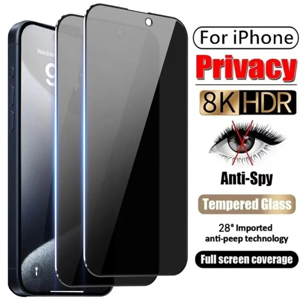 2 шт. закаленное стекло для iPhone 16 15 14 13 12 11 Pro Max 16 Plus, противошпионские защитные пленки для экрана iPhone X XR XS Max Glass