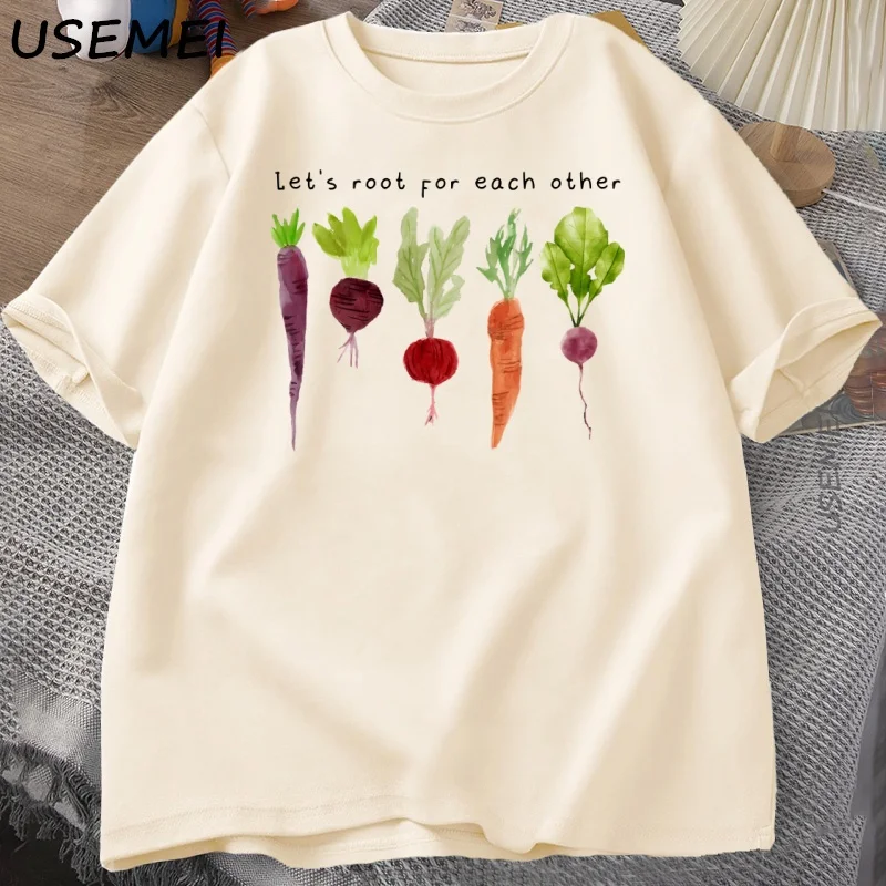 Фото Футболка Lets Roots for Each Other Vegetable Футболка для садоводства Мужчины Женщины Веганская футболка с морковью Повседневная хлопковая мужская одежда с короткими рукавами №3