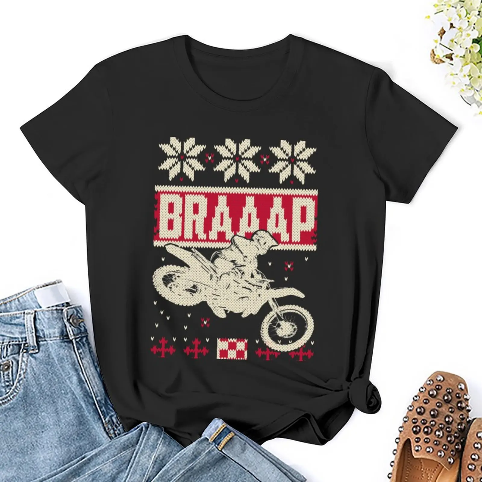Фото Рождественский свитер для мотокросса Braaap, футболка, летние топы, кавайная одежда, футболка с коротким рукавом, забавные черные футболки для женщин №5