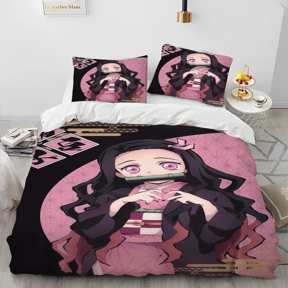 Фото Комплект постельного белья Demon Slayer Kamado Nezuko, пододеяльник, покрывало, наволочка King Queen, полный одинарный размер, постельное белье для мальчиков, подарок для подростков №5