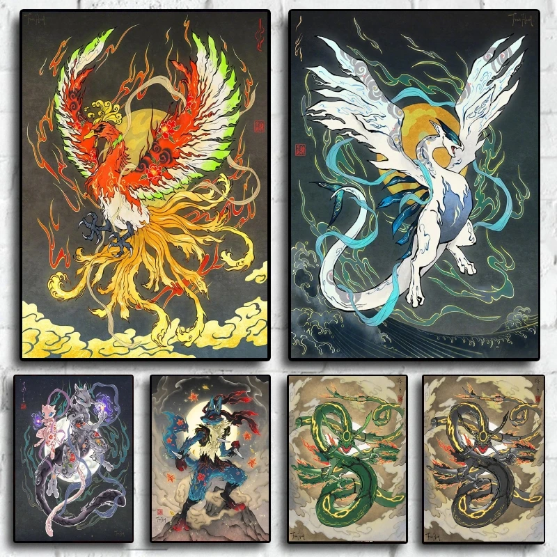 Lugia Ho-Oh Pokemon Холст без рамы Картина Тема комиксов Аниме Настенный декор Уникальная коллекция Улучшите свое живое пространство