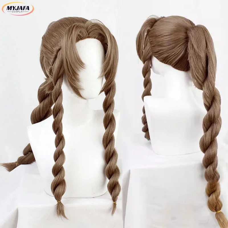 Парик для косплея Aerith Gainsborou, игра FFVII FF7 Aerith, коричневый длинный плетеный парик, термостойкие парики из синтетических волос + шапочка для парика